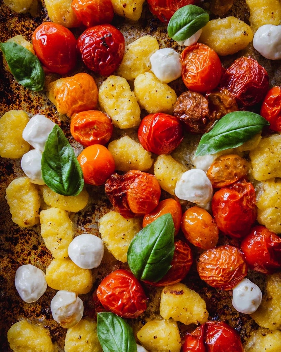 The image shows a close-up of a baked dish with three main layers: a base of yellow gnocchi pieces with a slightly rough texture, scattered evenly across the surface; on top of this are roasted cherry tomatoes in red and orange, some whole and shiny while others are slightly wrinkled and bursting; sprinkled among these are small white mozzarella balls that are smooth and round; fresh green basil leaves are placed sporadically across the dish, adding a bright color contrast, all set on a rustic baking tray with dark browned spots. photo taken with an iphone --ar 4:5 --v 7