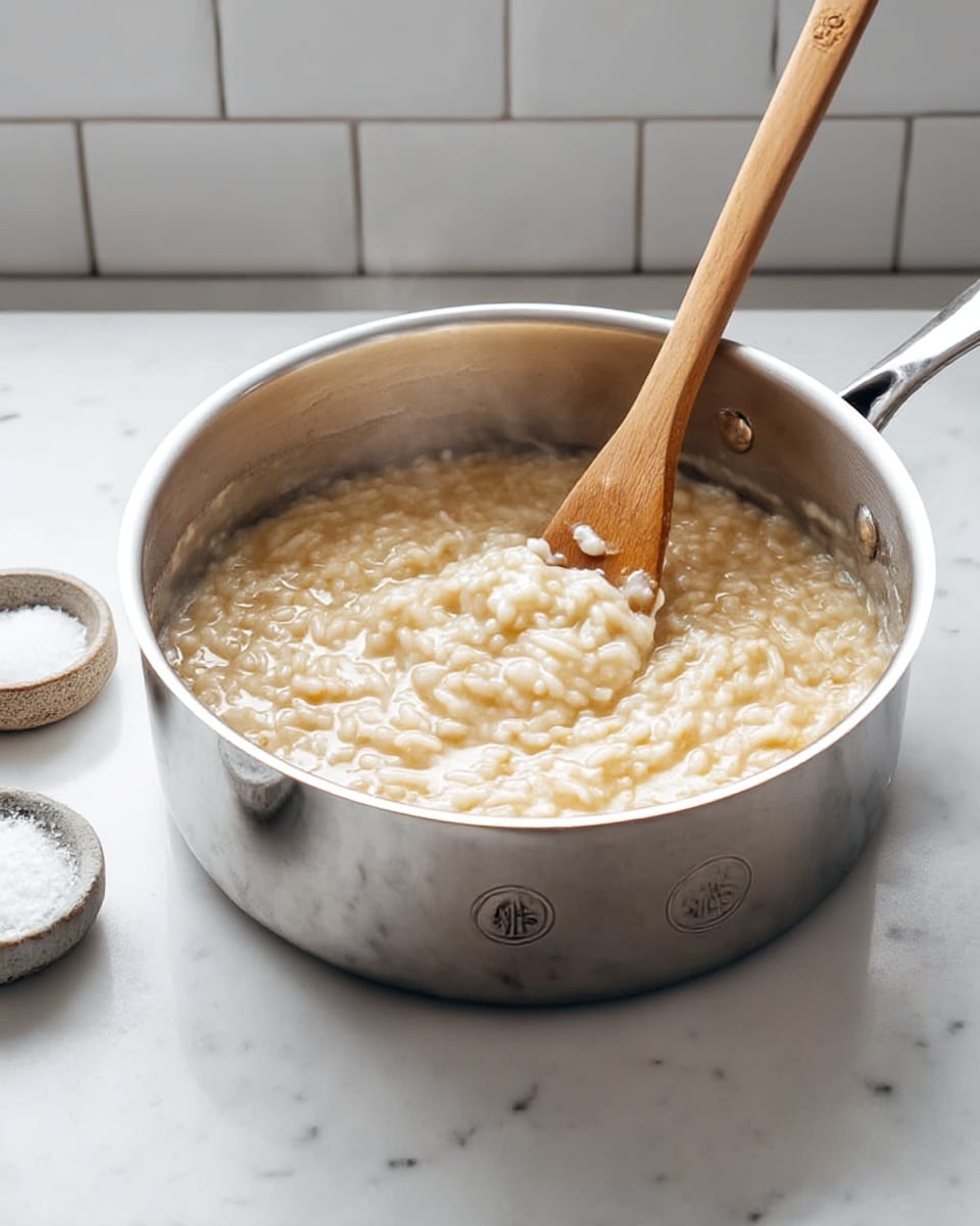 A shiny silver pot filled with creamy risotto is placed on a white marbled surface, the risotto itself is light beige with a soft, thick texture and small visible grains spread evenly, a wooden spoon with a light brown color stirs the risotto from the left side, with some risotto sticking lightly to the spoon, each grain showing a tender and slightly glossy finish, steam rises gently above the pot, creating a warm and inviting atmosphere, next to the pot on the left, there is a small stone dish of white salt, and the background shows white subway tiles with soft light reflections, photo taken with an iphone --ar 4:5 --v 7