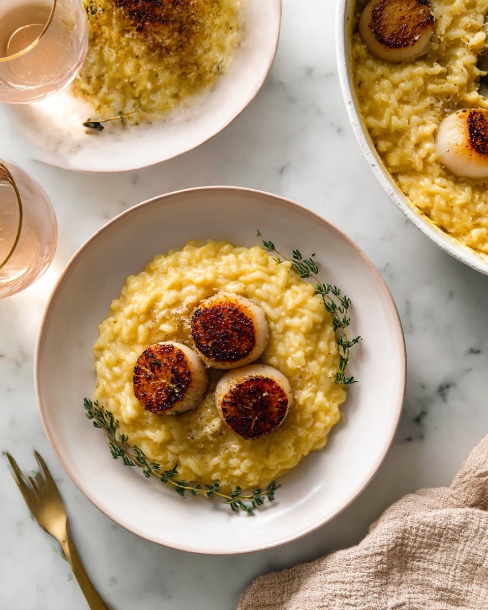 Two white plates each have a layer of creamy yellow risotto as the base, with three brown, seared scallops placed evenly on top of the risotto. A small sprig of green thyme lies beside the scallops on one plate. Next to the plates, there is a shiny metal pot with more yellow risotto inside and a wooden spoon sticking out. The setup is on a white marbled surface with two forks with white handles nearby and a clear glass of water beside the plate in the foreground. The background shows a white tiled wall. Photo taken with an iphone --ar 4:5 --v 7
