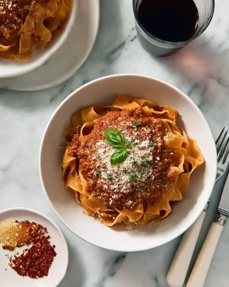Hearty Lamb Bolognese with Pasta and Fresh Basil Recipe