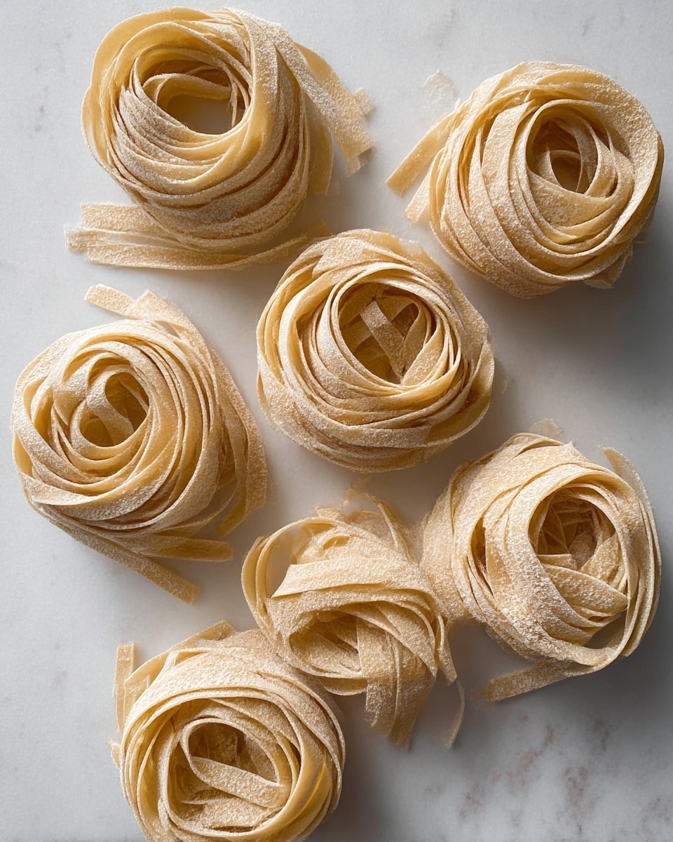 The image shows seven nests of uncooked flat pasta, arranged loosely on a white marbled surface. Each pasta nest consists of long, flat strips of pale beige dough that are twisted and coiled neatly into round shapes with some loose strands sticking out. The texture of the pasta is slightly rough and matte, with small air bubbles visible on the surface, giving it a handmade look. The lighting is soft and natural, highlighting the curves and folds of each pasta nest evenly across the scene. photo taken with an iphone --ar 4:5 --v 7