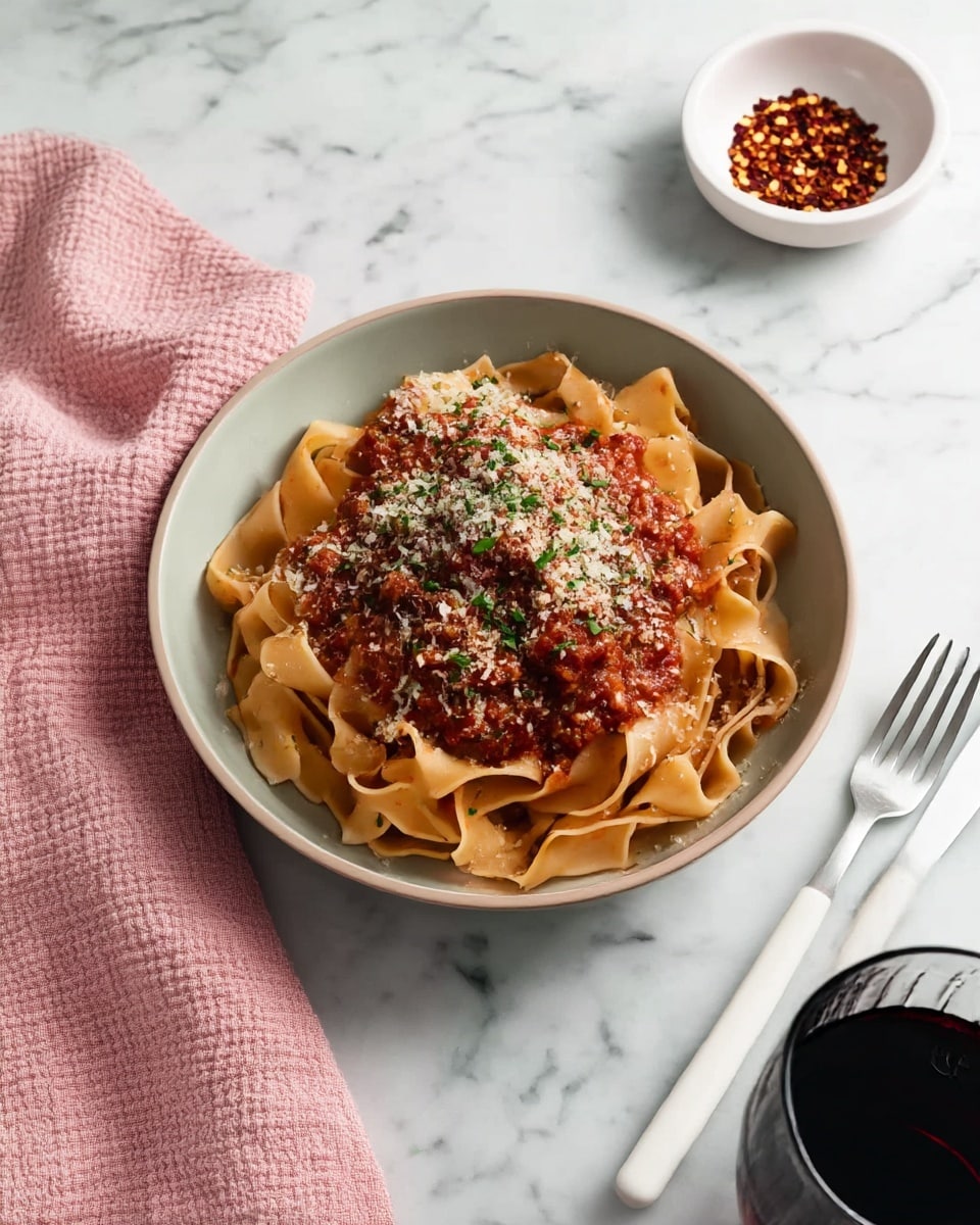 A white bowl filled with a nest of wide, flat orange-brown pasta noodles covered by a thick, chunky reddish-brown meat sauce layer in the center, topped with a light dusting of grated cheese and small green herb pieces, garnished with a fresh green basil leaf on top; nearby is a small white plate with two piles of red chili flakes and grated cheese, a glass with dark liquid, and a fork and knife with white handles lying on a white marbled surface photo taken with an iphone --ar 4:5 --v 7