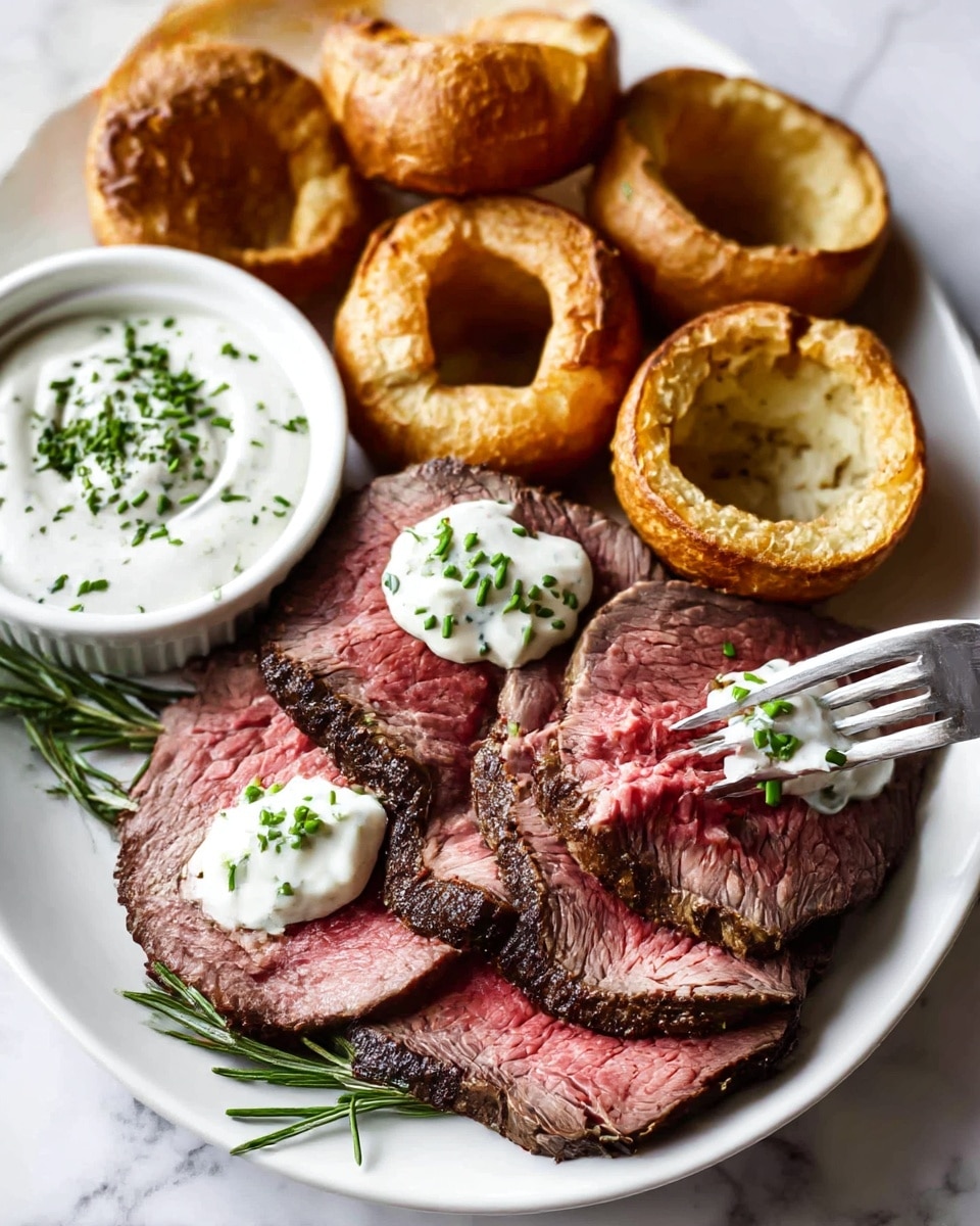 A large white oval plate on a white marbled surface holds a roasted beef tenderloin, mostly unsliced at the top center left and partially sliced at the bottom center, showing medium pink inside with a browned crust. The sliced beef pieces are topped with dollops of white creamy sauce sprinkled with green chives. Surrounding the beef on the upper half of the plate are six golden brown Yorkshire puddings with a hollow center, some drizzled with brown gravy. Fresh green rosemary sprigs line the bottom edge of the plate on both sides. A white bowl filled with creamy white sauce topped with chives is placed near the upper center right of the plate. A fork is resting on the right side, touching some beef slices. Photo taken with an iphone --ar 4:5 --v 7