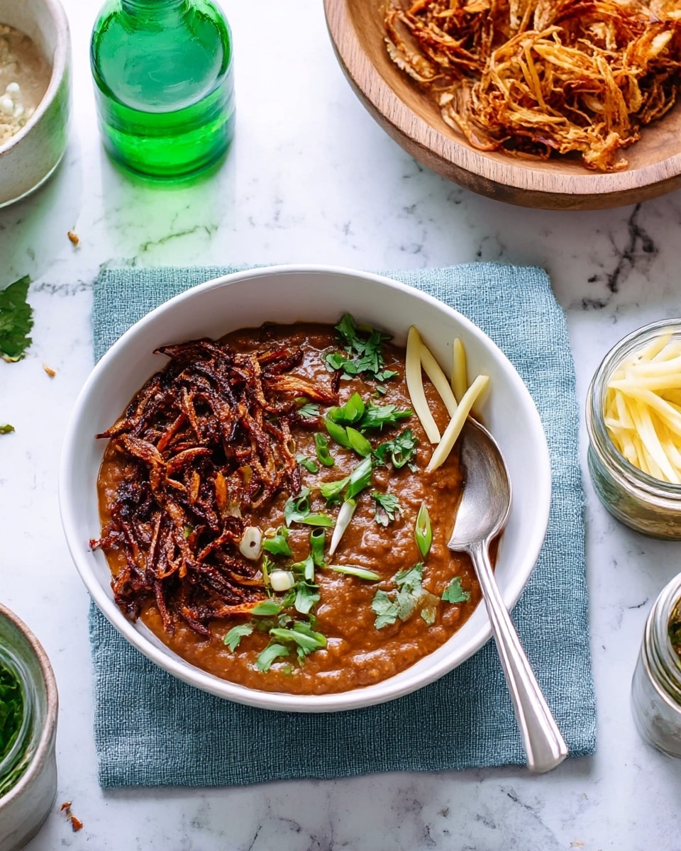 A white bowl filled with two main layers is shown. The bottom layer is thick and brown, resembling cooked lentils or beans with a smooth, slightly lumpy texture. On top, there is a darker, crispy caramelized onion layer covering about half the surface. The dish is garnished with thin, light yellow strips and fresh, green cilantro leaves scattered mostly in the center. A silver spoon is placed inside the bowl, resting on the blue cloth underneath. The background is a white marbled surface with a small white bowl containing lemon pieces and some loose cilantro leaves nearby. Photo taken with an iphone --ar 4:5 --v 7