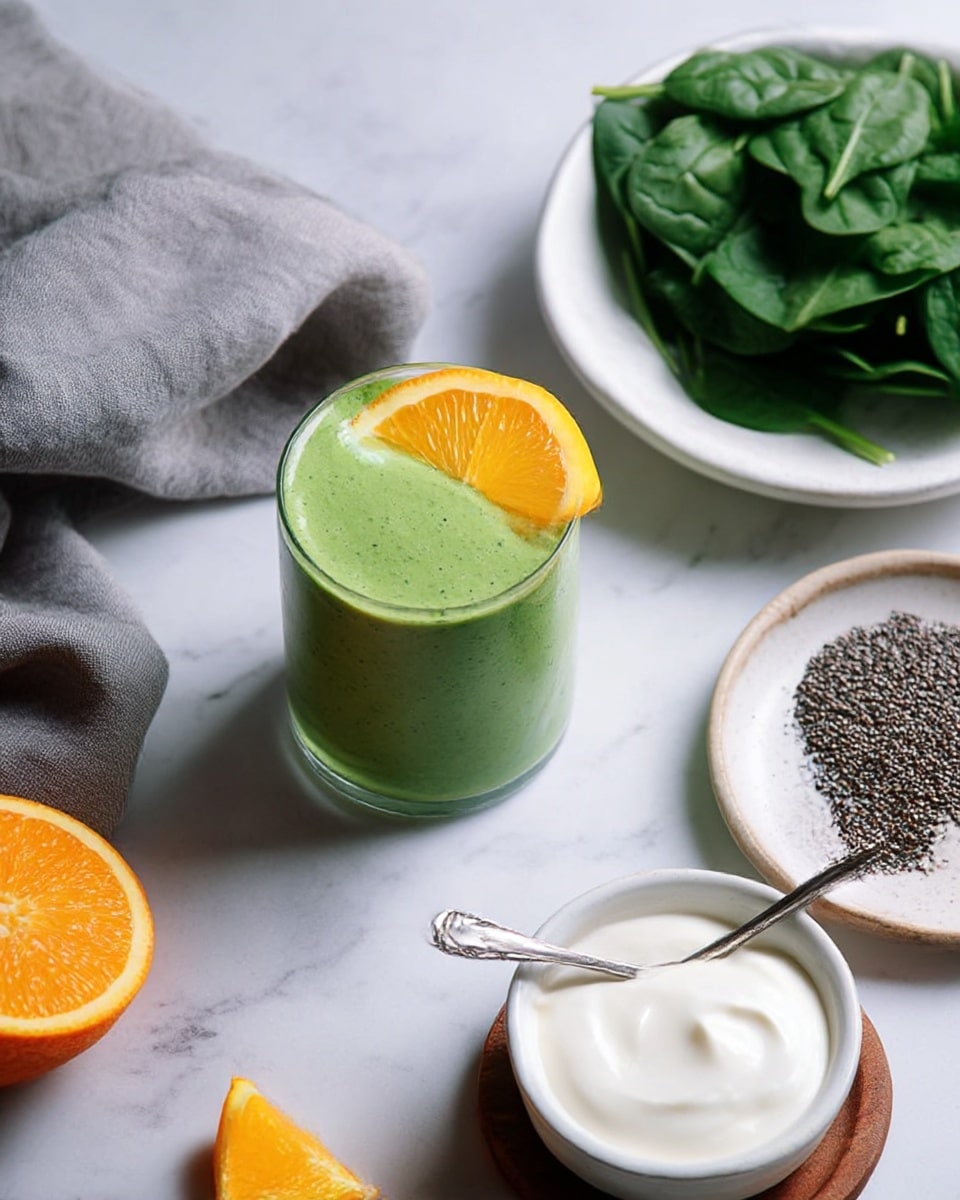 The image shows a blender jar filled with layers of fresh ingredients. At the bottom, there is a layer of dark chia seeds, sprinkled over a bright orange layer of peeled orange segments, then fresh green spinach leaves arranged around the edges. On top, there is a whole peeled banana resting diagonally across the other ingredients, with its smooth pale cream skin contrasting against the vibrant colors below. The inside of the blender is metallic, and the photo is taken with soft natural light, highlighting the fresh textures and colors. photo taken with an iphone --ar 4:5 --v 7