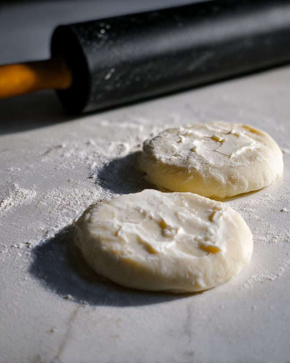 Two small, round dough pieces lie flat on a white marbled surface sprinkled with flour. One dough piece has soft, uneven patches of white butter spread on top, while the other piece looks smooth and plain. In the background, a black rolling pin with a brown handle rests on the surface. The lighting is natural and soft, highlighting the dough textures clearly. photo taken with an iphone --ar 4:5 --v 7