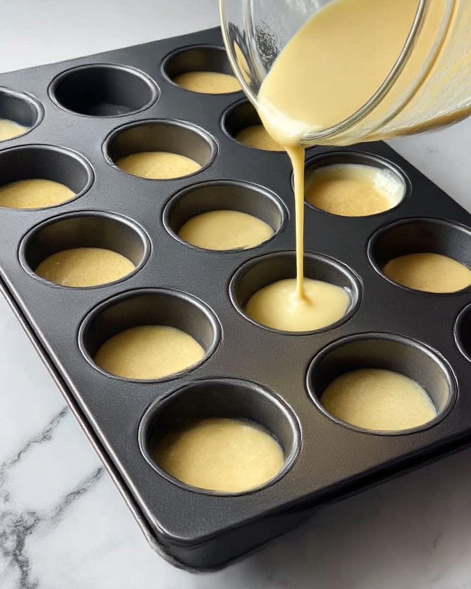 A dark metal muffin tray with twelve round cups sits on a white marbled surface. Some cups are partially filled with a light yellow, smooth batter, with one cup being filled as a pale yellow batter flows in from a glass bowl held just above. The batter has a creamy texture that stands out against the dark tray. The tray’s edges and the white marbled surface beneath it are visible, showing a clean kitchen setting. photo taken with an iphone --ar 4:5 --v 7