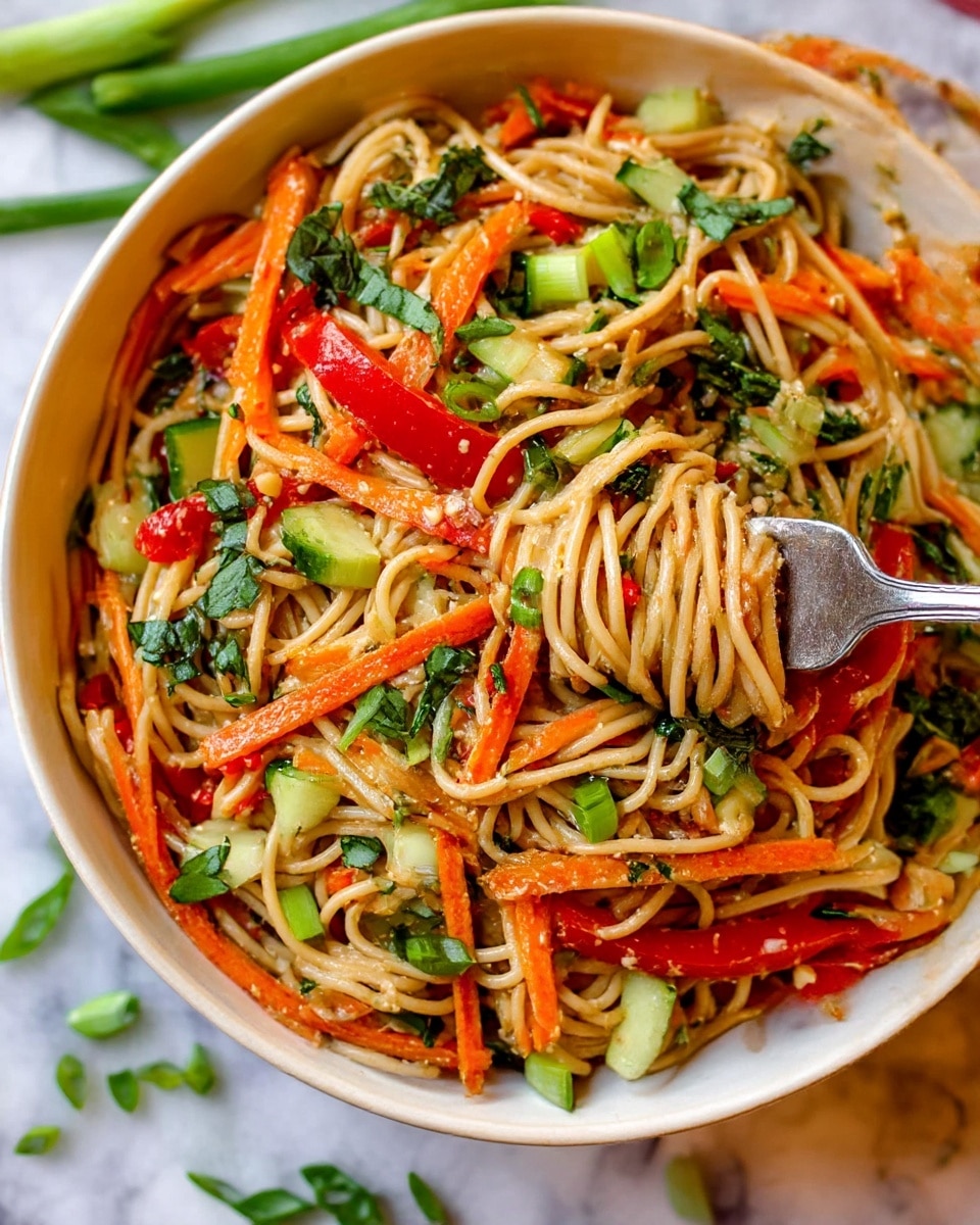 The image shows a close-up of long thin yellow noodles with bits of red bell pepper, green leafy herbs, and shredded orange carrots mixed in. The noodles look soft and coated in a light sauce, lifted by two wooden spoons above a white bowl. The background is a white marbled surface and the noodles are the main focus, hanging down in strands from the spoons. photo taken with an iphone --ar 4:5 --v 7
