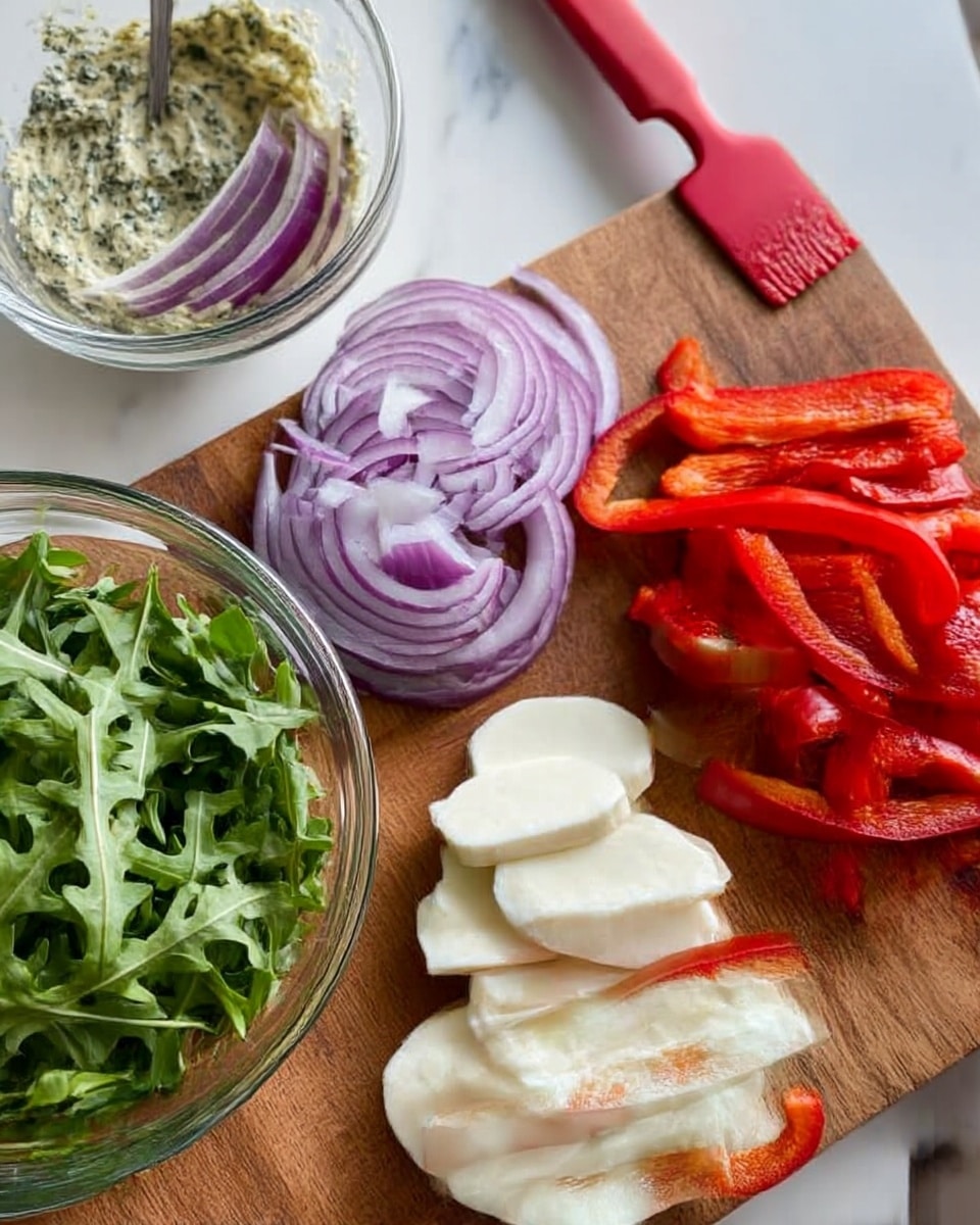 The image shows a wooden cutting board with several colorful ingredients arranged on it: thinly sliced purple onion rings at the top left, bright red roasted pepper strips on the right side, and white mozzarella cheese slices neatly stacked at the bottom right. A clear glass bowl filled with fresh green arugula leaves sits on the bottom left corner of the cutting board. In the background, a small glass bowl contains a creamy herb mixture with a red silicone spatula inside. The whole setup is on a white marbled surface. photo taken with an iphone --ar 4:5 --v 7