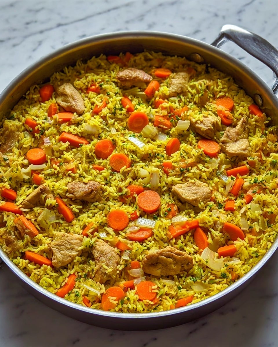 A black pan filled with yellow rice mixed with orange carrot slices and pieces of cooked chicken. The rice looks soft and fluffy with small green herb leaves scattered on top and mixed in. There are also small light brown cashew nuts visible among the rice and chicken. The pan is placed on a white marbled textured surface with some fresh green herbs around it and a large knife with a wooden handle resting on the surface nearby. Photo taken with an iphone --ar 4:5 --v 7