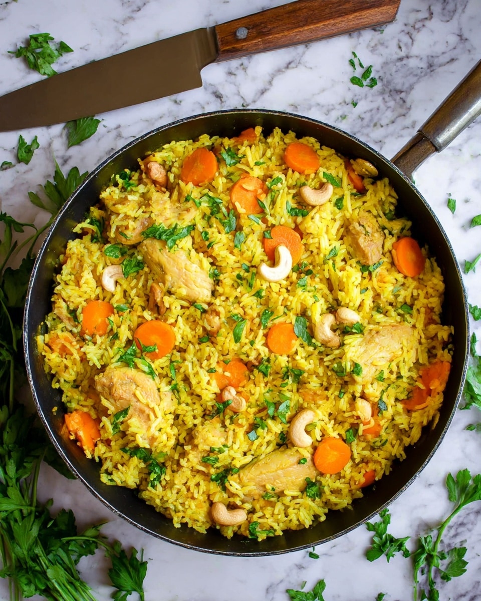 This close-up image shows a dish with three main layers. The bottom layer is soft yellow rice mixed with small green herb leaves scattered around. The middle layer has bright orange carrot slices, thick and smooth with a matte surface, spread evenly across the rice. The top layer includes golden-brown cooked pieces that look tender and slightly shiny, placed on top of the rice and carrots. Some white nuts can be seen near the edges, and small green leaves are sprinkled over the whole dish, adding fresh color contrast. The background is a white marbled texture photo taken with an iphone --ar 4:5 --v 7