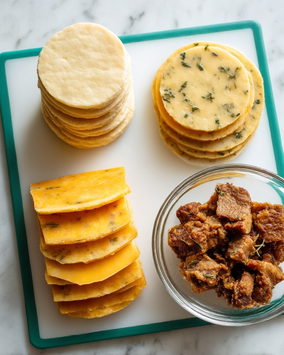 The image shows a white cutting board with teal edges on a white marbled surface. On the left side of the board, there are two stacks of biscuit dough rounds, each stack containing about six light beige dough circles. Between the stacks, two layers of cheese slices are placed side by side: one layer is yellow-orange marbled, and the other is a pale yellow with herbs or spices within it. On the right side, a clear glass bowl holds several browned, cooked meat pieces, roughly square and irregular in shape. photo taken with an iphone --ar 4:5 --v 7
