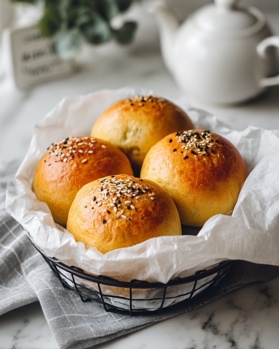 The image shows a black metal basket lined with white parchment paper holding four round golden-brown buns. Each bun has a slightly uneven surface texture and is topped with scattered white sesame seeds and black pepper flakes, giving a speckled look. The basket sits on a soft gray and white checkered cloth on a white marbled surface. In the blurred background, there is a white teapot with a curved handle and lid, along with green leaves and a partially visible black and white sign. Photo taken with an iphone --ar 4:5 --v 7