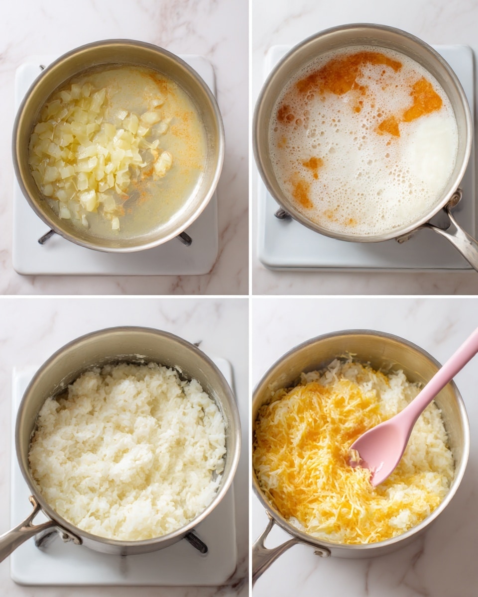 The image shows a process of making a creamy rice dish in a silver cooking pot placed on a stove and later on a white marbled countertop. The first layer in the pot contains small pieces of light yellow onions in clear, pale yellow oil filling the bottom. The second layer shows a mix of orange, white, and light brown liquid with white foam spots on the surface. The third layer is fluffy cooked rice, covering the pot bottom with a soft, creamy white texture. The last layer shows the cooked rice mixed with melted yellow cheese, stirred by a pink spoon inside the silver pot on a white marbled surface. Photo taken with an iphone --ar 4:5 --v 7