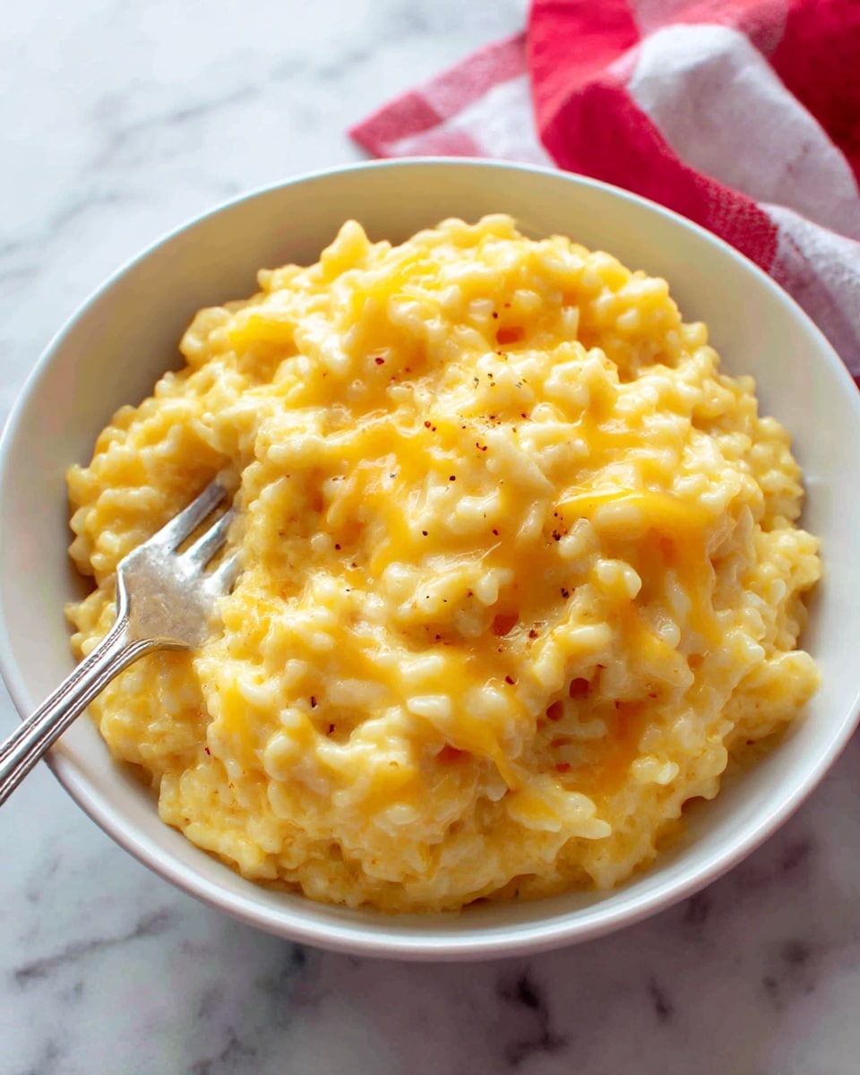 A white bowl filled with a creamy yellow rice dish with melted cheese mixed in, giving it a soft, slightly lumpy texture. The rice is spread evenly and looks moist, with small black pepper specks scattered on top. A silver fork is partly stuck into the rice near the left side of the bowl. The bowl sits on a white marbled surface with a red and white cloth in the background. photo taken with an iphone --ar 4:5 --v 7