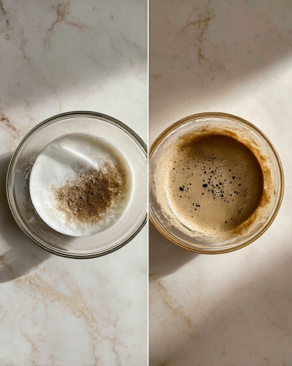 Two photos side by side on a white marbled surface. In the left photo, there is a clear glass bowl with a layer of white creamy substance topped with a brown, grainy powder inside. In the right photo, the same bowl shows the mixture blended into a smooth, light tan paste with small black specks throughout. photo taken with an iphone --ar 4:5 --v 7