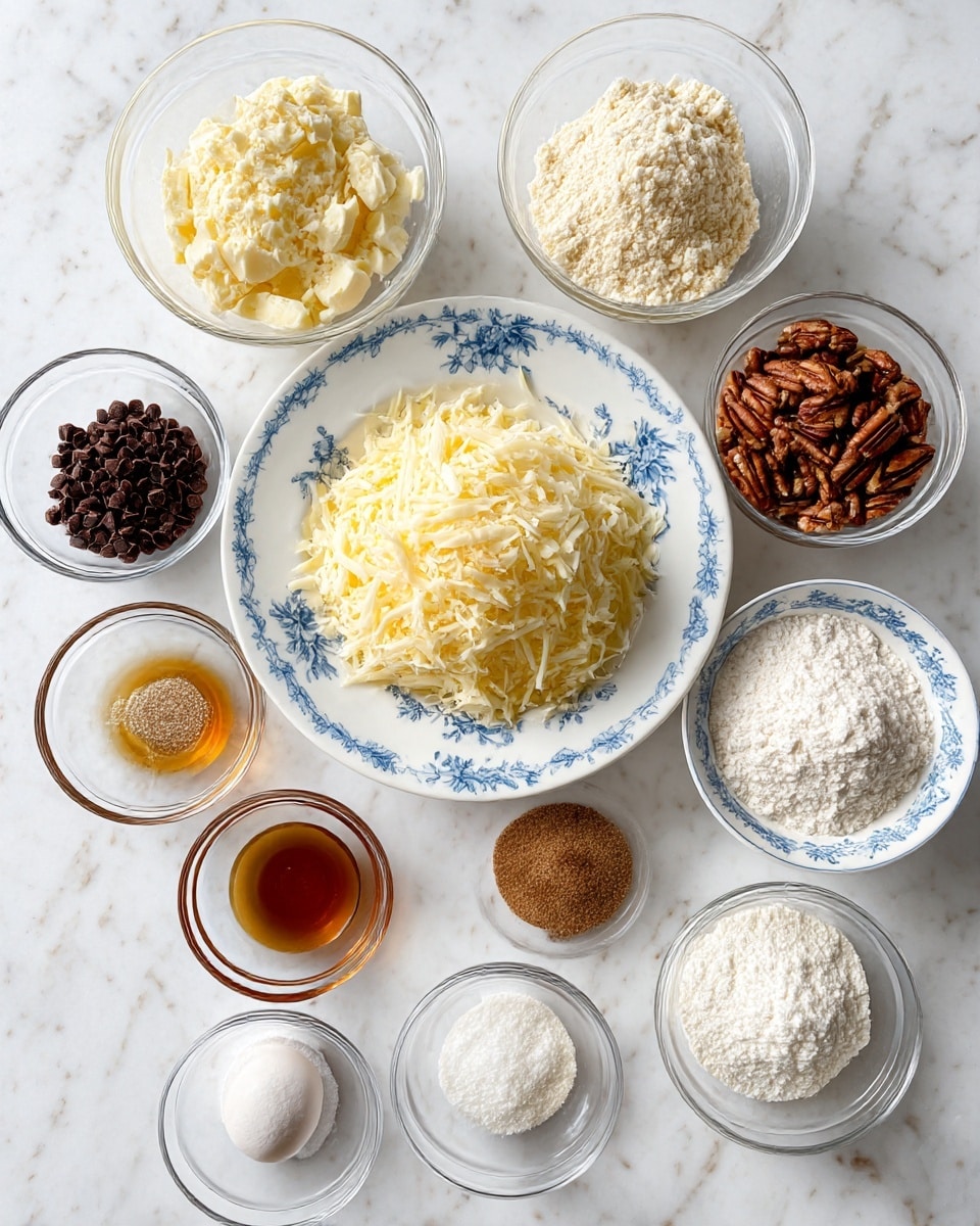 The image shows several small clear glass bowls and one white plate with a blue floral pattern placed on a white marbled surface. In the center is the white plate holding a large heap of shredded butter, light yellow and fluffy in texture. Surrounding the plate, starting from the top left corner, are clear glass bowls holding cream (off-white and smooth), dark brown chocolate chips in a large amount, white flour that looks powdery and heaped, chopped pecans with a warm brown color, and brown sugar with a coarse texture. Smaller bowls contain a white egg, small amounts of vanilla extract (amber liquid), salt (white granules), baking powder and baking soda (both white powders), arranged neatly at the bottom of the image. The items are well spaced and neatly organized, showing clear details of each ingredient. photo taken with an iphone --ar 4:5 --v 7
