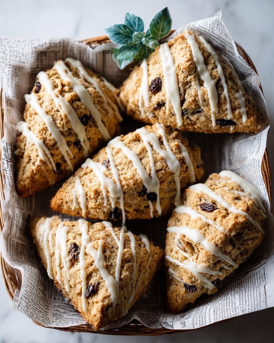 The image shows several triangular scones arranged closely together in a basket lined with printed paper designed like a newspaper. Each scone has a rough, crumbly texture with a golden brown color and visible bits of dark raisins or chocolate chips scattered inside. A drizzle of white icing is artistically spread over each scone, giving a contrast against the warm tones. The basket rests on a white marbled textured surface with a small blue-green leaf decoration peeking from the top. The scones appear fresh and inviting. photo taken with an iphone --ar 4:5 --v 7
