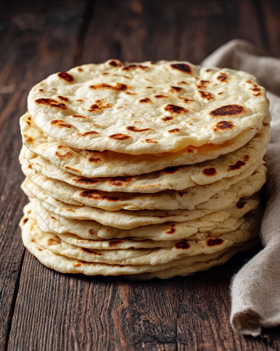 A stack of seven round flatbreads with a light beige color is shown on a dark wooden surface. Each flatbread has scattered toasted brown spots from cooking, giving a slightly uneven texture across the layers. The top flatbread is placed a bit off-center, revealing the soft, slightly puffed edges of the flatbreads beneath. The surface they rest on has a dark rustic wood grain pattern. A small piece of beige cloth is visible to the right side, adding a simple decorative touch. photo taken with an iphone --ar 4:5 --v 7