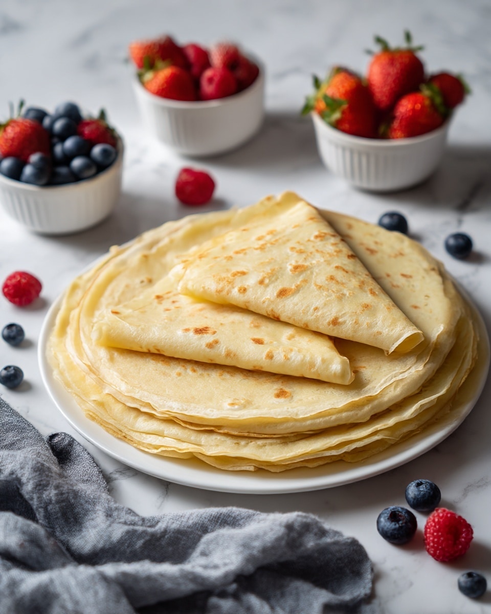 The image shows a stack of thin, light golden crepes on a white plate, with three crepes folded into triangles and placed on top of the flat stack. The crepes have a soft texture with small brown spots and slightly crispy edges. Around the plate are scattered fresh blueberries and raspberries, while two small white bowls nearby hold fresh strawberries, blueberries, and raspberries. The whole scene is set on a white marbled surface with a grey cloth draped casually in the foreground. Photo taken with an iphone --ar 4:5 --v 7
