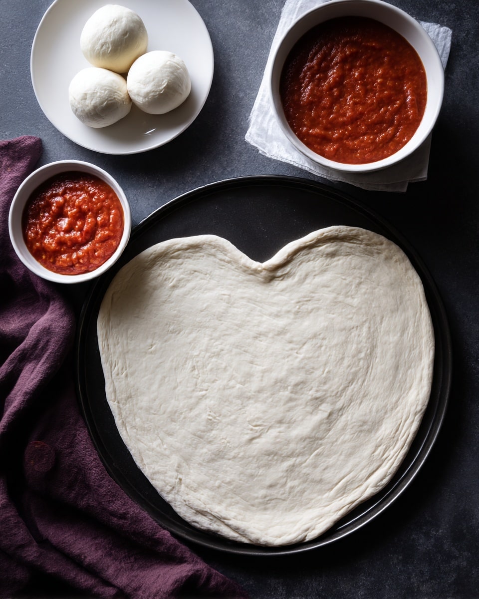 A heart-shaped pizza dough is stretched thin and placed on a black round tray in the center of the image. Above it, there are three white balls of dough in a white bowl lined with a white napkin. To the left, a small bowl with bright red tomato sauce and another small bowl with several slices of red pepperoni are placed close to the dough. There is a white plate holding two round mozzarella balls in the top left corner. A crumpled dark purple cloth is draped at the bottom left corner. The background is a dark textured surface. Photo taken with an iphone --ar 4:5 --v 7
