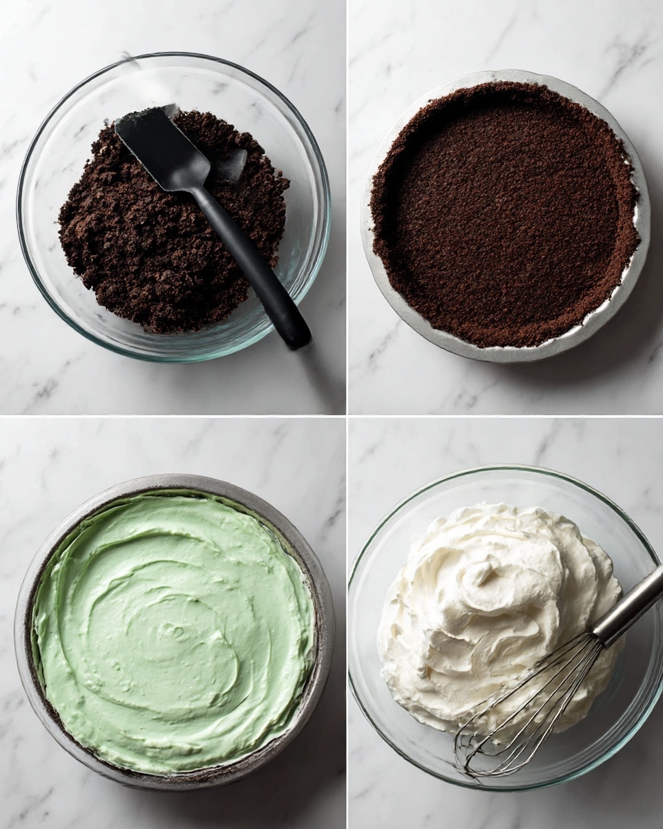 A four-part image shows the process of making a layered dessert on a white marbled surface. The top left image has a clear glass bowl filled with dark brown, crumbly cookie pieces with a black spatula resting inside. The top right image shows a clear glass pie dish with an even, pressed dark brown cookie crust. The bottom left image has a metal bowl filled with smooth, light green filling with a black spatula resting inside. The bottom right image shows a clear glass bowl with fluffy white whipped cream and a metal whisk inside. Photo taken with an iphone --ar 4:5 --v 7