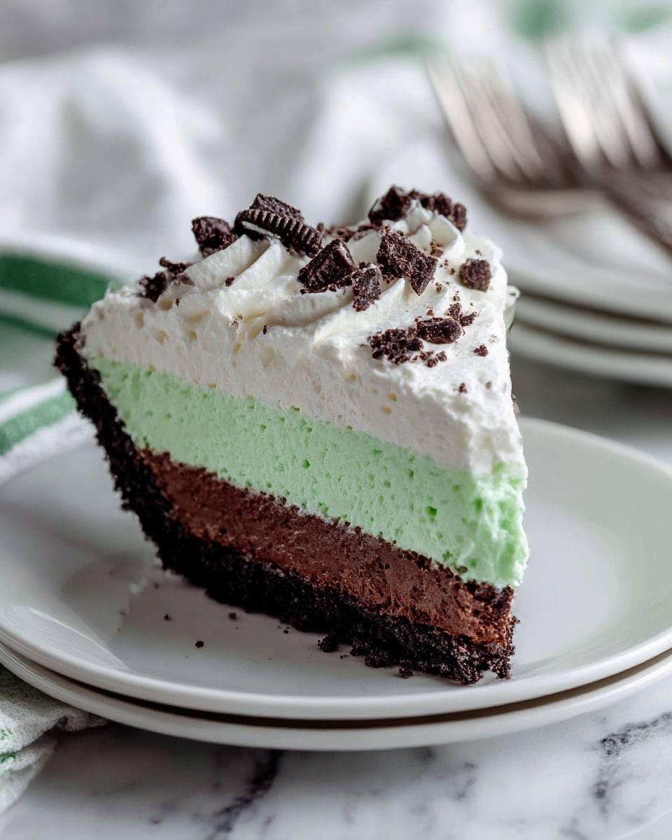 A pie with three visible layers sits in a clear glass dish on a white marbled surface. The bottom layer is a dark brown crumbly crust forming the edge and base. Above that is a thick, smooth, pale green creamy layer spread evenly. On top of the green layer is a dollop of fluffy white whipped cream piled in the center, sprinkled with small pieces of crushed dark chocolate cookies. The edges of the glass dish and the pie's layers are clearly visible, with some whole chocolate cookie pieces near the bottom left of the image on the surface. photo taken with an iphone --ar 4:5 --v 7