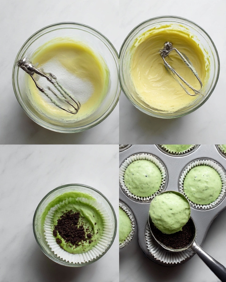 The image shows four steps of making a green batter cupcake. The first layer is a clear glass bowl with beaten cream and sugar on a white marbled texture, an electric mixer with silver beaters is in the bowl. The second layer shows the same bowl with smooth, light yellow batter and the mixer resting inside. The third layer has the batter turned green with small dark bits, in the same bowl, a black spoon is stirring it. The fourth layer shows a silver cupcake tray lined with white paper cups, a scoop is pouring the green batter into one cup filled with dark crumbs. All images have the same white marbled texture background photo taken with an iphone --ar 4:5 --v 7