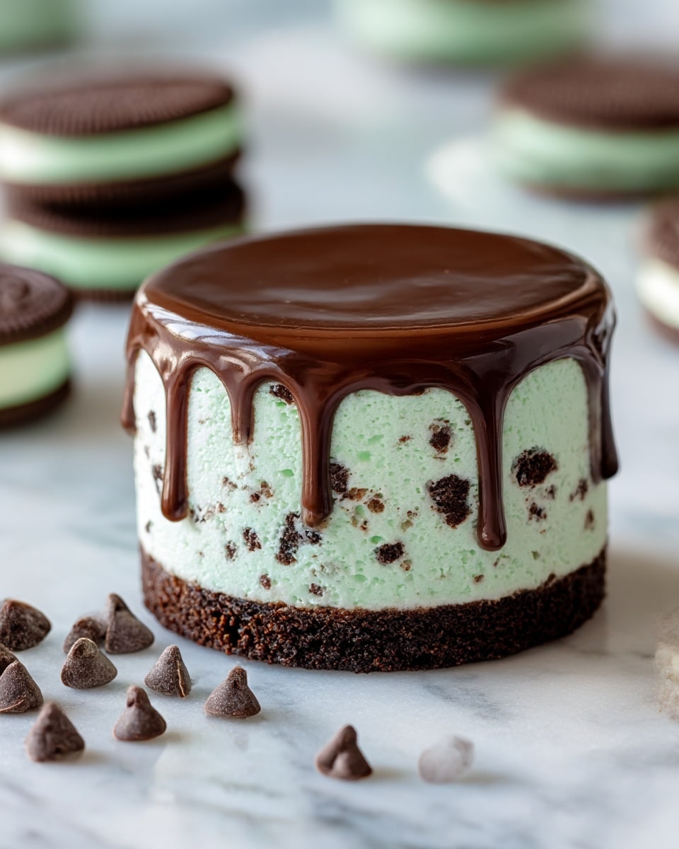 The image shows a small dessert with three layers stacked neatly. The bottom layer is a dark chocolate crumb base, smooth and firm. The middle layer is a thick mint-green cream mixed with small pieces of dark chocolate cookies, giving it a slightly bumpy texture. The top layer is a shiny, smooth dark chocolate ganache that covers the cream fully and drips slightly down the sides. The dessert sits directly on a white marbled surface, with several chocolate chips scattered in front of it. In the background and around the main dessert, some green cream-filled chocolate sandwich cookies are placed. Photo taken with an iphone --ar 4:5 --v 7