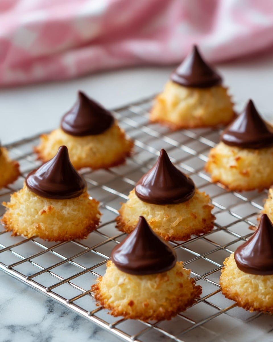 The image shows a batch of coconut cookies arranged on a white marbled surface. Each cookie has a single layer of shredded, lightly browned coconut forming a round, rough-textured base. On top of each coconut base, there is one smooth, shiny, dark brown chocolate drop placed in the center, standing upright with a pointed tip. The cookies are spaced evenly and some coconut flakes are scattered around them. Two pieces of silver foil-wrapped chocolates are also visible among the cookies. Photo taken with an iphone --ar 4:5 --v 7