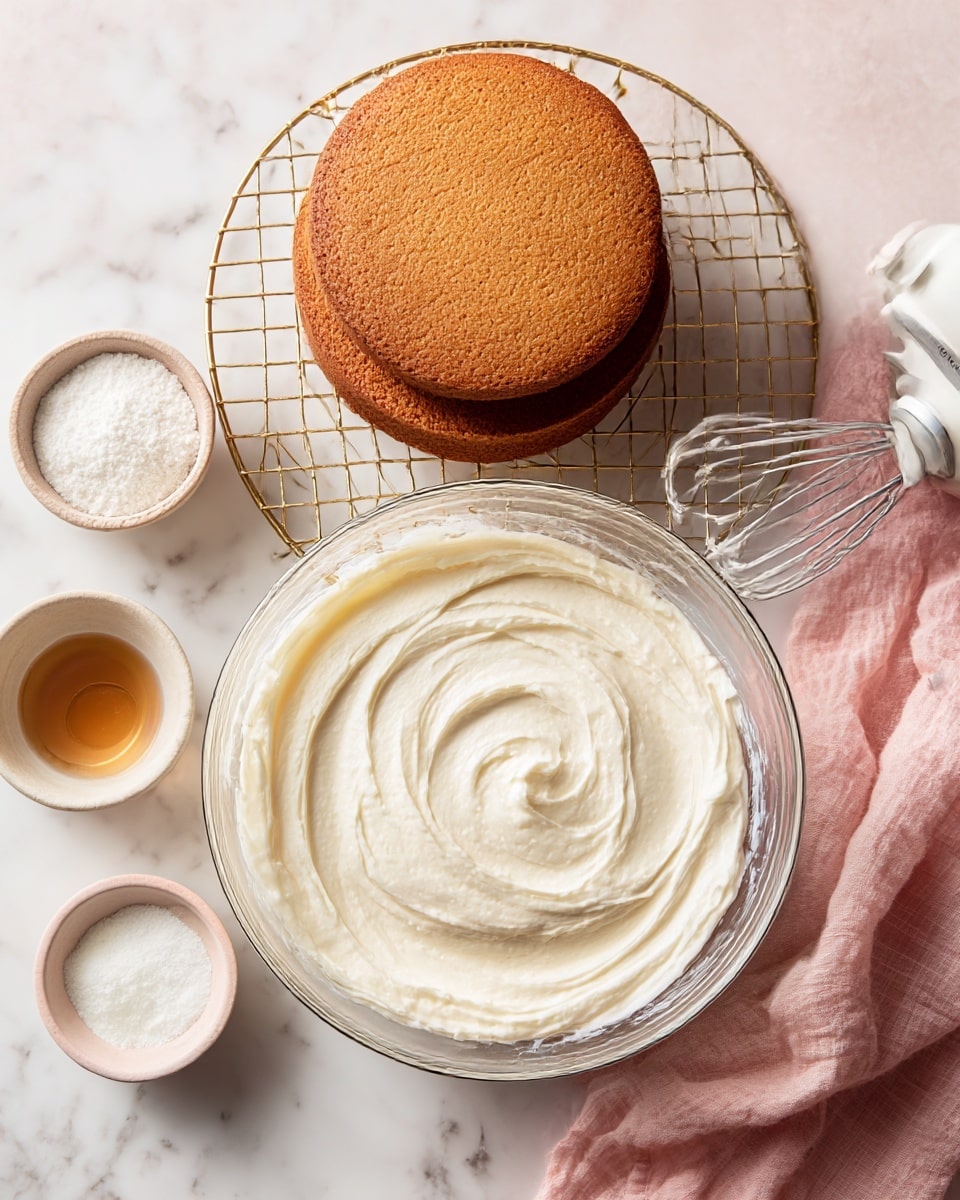 The image shows two round, brown cake layers resting on a gold wire cooling rack above a white marbled surface. Below them, there is a large clear glass bowl filled with thick, creamy white frosting with soft swirls, and a white KitchenAid hand mixer with beaters still inside the bowl. Surrounding the bowl on the white marbled surface are small bowls containing white powdered sugar, a light brown liquid (likely vanilla extract), and a small glass of white milk. A light pink cloth is placed to the right side of the frosting bowl. photo taken with an iphone --ar 4:5 --v 7