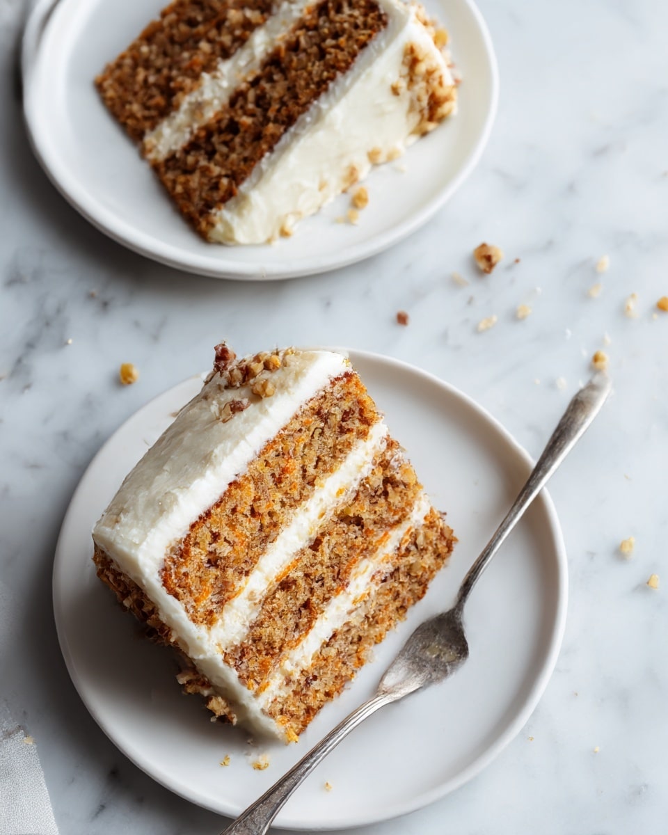 A square slice of carrot cake sits on a stack of white plates, showing two main layers: a thick, dense, brownish-orange cake layer with visible small orange carrot bits and darker spots like raisins or nuts, and a thick, smooth, creamy white frosting layer on top. The cake slice is in the foreground on a white plate, with the rest of the cake in a rectangular white pan behind it, showing a missing section where the slice was taken. In the background, whole carrots and a white bowl filled with pecans sit on a white marbled surface, giving a fresh and clean kitchen vibe. Photo taken with an iphone --ar 4:5 --v 7