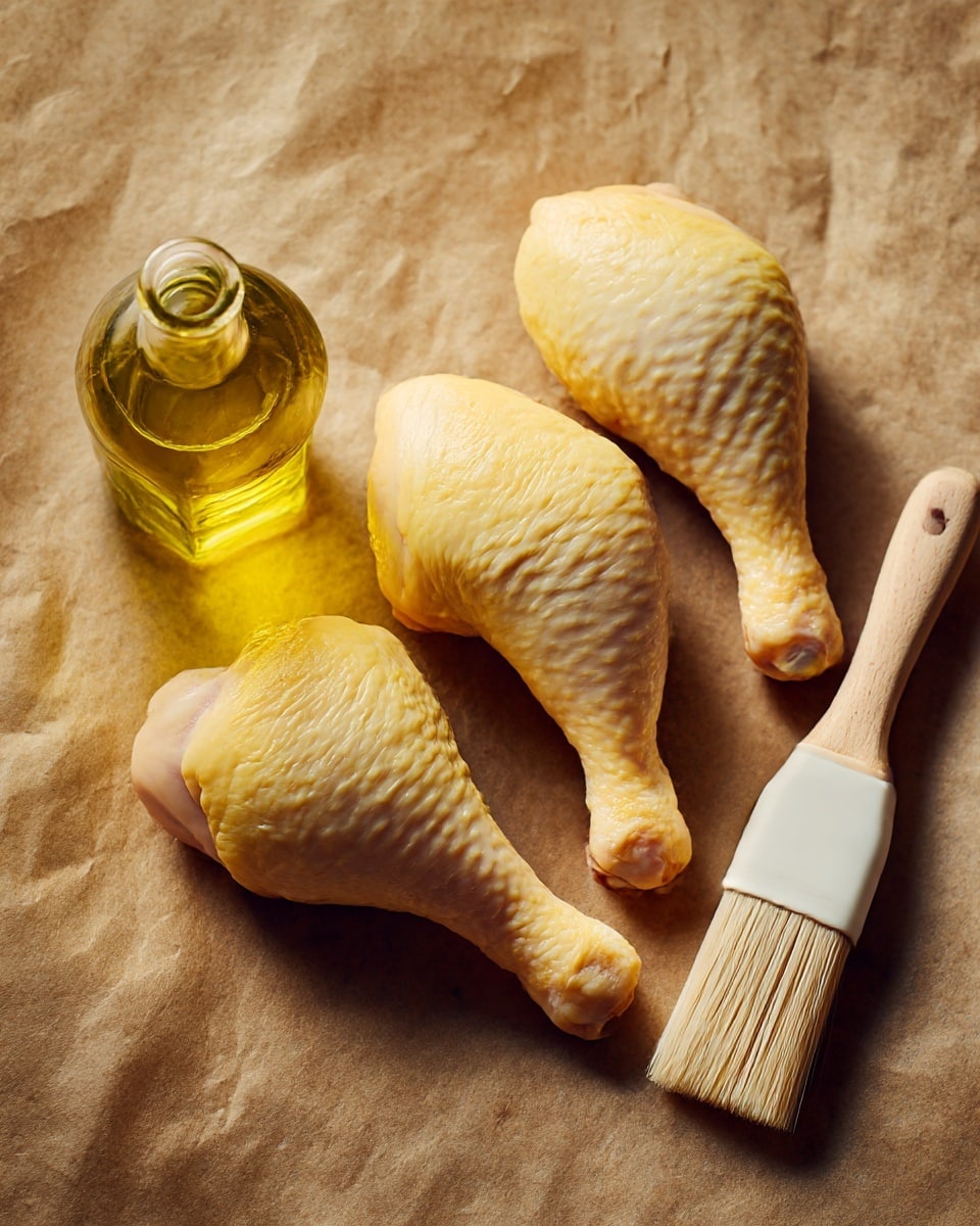 The image shows three raw chicken legs with pale yellow skin placed on brown parchment paper. To the bottom left, there is a small clear glass bottle filled with light yellow oil. Next to it on the right, a white silicone brush with a wooden handle lies flat. The overall scene has a light and clean look with a hint of oil shine on the chicken skin. Photo taken with an iphone --ar 4:5 --v 7
