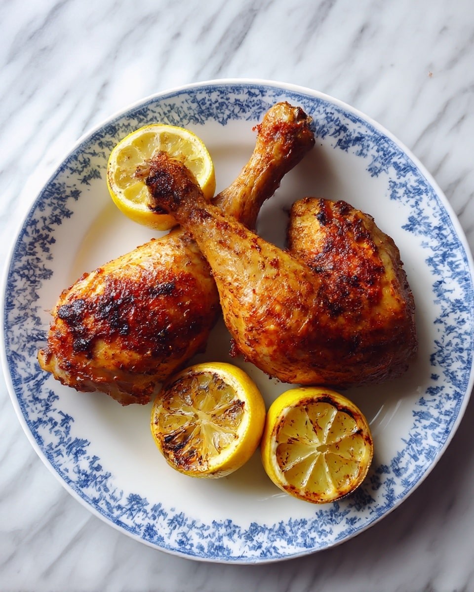 The image shows two roasted chicken legs with crispy, golden-brown skin resting on a white plate with a blue pattern. The chicken pieces have a slightly uneven texture with some darker, well-cooked spots that add richness to their appearance. Around the chicken legs, there are four lemon halves, grilled with char marks that create a contrast between the bright yellow and the blackened surface. The plate is placed on a surface with a white marbled texture. Photo taken with an iphone --ar 4:5 --v 7