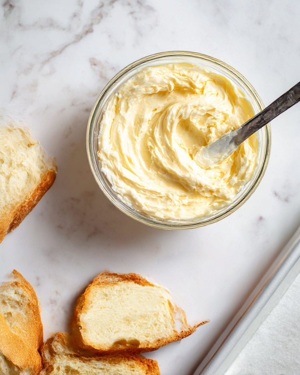 The image shows a clear glass bowl filled with a creamy, light yellow spread that is smooth and slightly whipped in texture, placed on a white marbled surface. To the right side, there is a white baking tray lined with parchment paper holding three pieces of golden-brown bread. Two of the bread slices are spread with the same creamy mixture, with a small metal butter knife resting on the middle slice as if just used to apply the spread. The bottom bread piece is plain, showing its soft, airy, and slightly crusty texture. The whole scene is bright and clean. Photo taken with an iphone --ar 4:5 --v 7