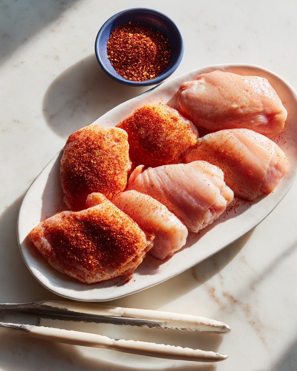 A rectangular white baking dish filled with six golden brown cooked chicken pieces evenly placed on top of a colorful mix of roasted red potatoes, wilted dark green spinach, and light onion pieces, all scattered across the bottom layer. Bright yellow lemon wedges are tucked between the vegetables and chicken pieces. The dish sits on a white marbled surface with a purple cloth napkin partially visible on the top left. To the right of the dish, two whole garlic bulbs and two halved lemons rest on the surface. A metal spatula with a wooden handle is placed inside the baking dish among the food. Photo taken with an iphone --ar 4:5 --v 7
