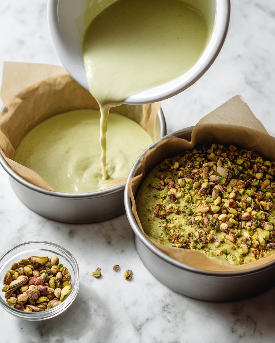 A metal baking pan lined with parchment paper holds a creamy, pale green batter being poured from a white bowl by a woman's hand into the pan. Next to it, the same pan with the green batter is topped with a generous layer of chopped pistachio nuts, adding a crunchy texture with their light green and brown colors. The pans sit on a white marbled surface with a small glass bowl of more chopped pistachios to the side. photo taken with an iphone --ar 4:5 --v 7