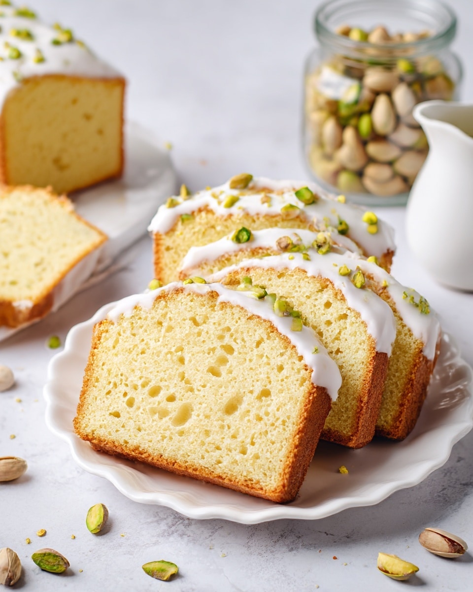 The image shows several slices of light golden cake with a soft, moist texture and small air holes throughout, arranged in a slightly overlapping way on a white scalloped plate. The top edges of the cake slices are coated with a thin layer of white icing, sprinkled with small pieces of green pistachio nuts. In the background, there is a clear glass jar filled with whole green pistachio nuts and a white jug, all placed on a white marbled surface. Photo taken with an iphone --ar 4:5 --v 7