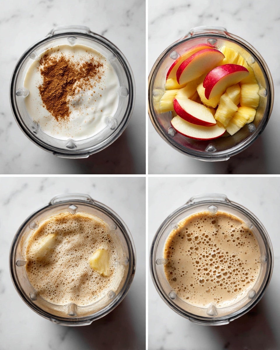 The image shows four close-up shots of a blender container on a white marbled surface. The first shot has a layer of white liquid at the bottom, smooth and creamy in texture. The second shot adds a layer of white yogurt with a dusting of light brown cinnamon powder on top, positioned to one side. The third shot adds sliced fruits including red apple slices and yellow pineapple chunks placed over the yogurt and cinnamon. The fourth shot shows the blended mixture inside the container, creamy and light brown with some small bubbles on top, filling the container evenly. Photo taken with an iphone --ar 4:5 --v 7