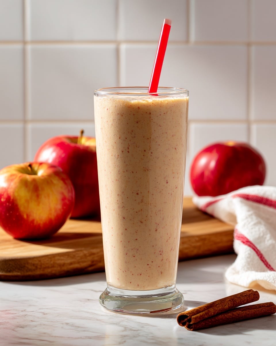A tall clear glass filled with a creamy light beige smoothie that has small specks of brown and red throughout. A bright red straw is placed inside the glass, leaning slightly to the right. On the white marbled surface around the glass, there are two whole red apples with yellow patches, one near the glass base and another in the background on a wooden board. Two cinnamon sticks lie diagonally on the surface, and a white cloth with a red stripe is partly visible in the background. The scene is lit softly, and the background has a white tiled wall. photo taken with an iphone --ar 4:5 --v 7