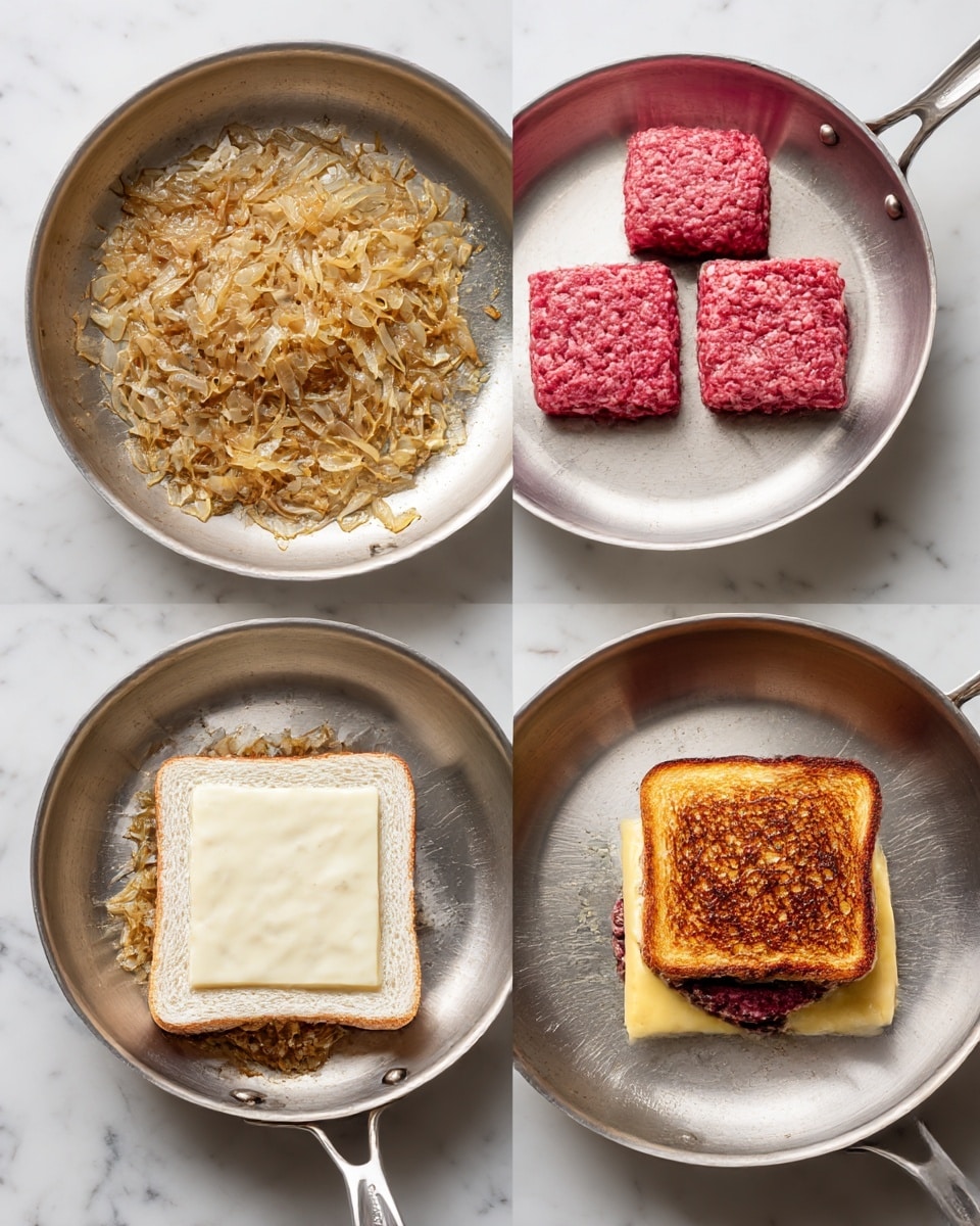 The image shows four stages of making a sandwich on a shiny silver frying pan. The first stage features a layer of cooked, golden brown caramelized onions with a soft, slightly translucent texture spreading across the pan. The second stage has two raw pink patties of ground meat with a slightly rough surface side by side in the pan. In the third stage, an open white sandwich slice rests in the pan with a melted layer of cheese beneath a cooked brown burger patty, topped with a thick pile of caramelized onions. The last stage shows the sandwich closed with a golden brown toasted top crust and melted cheese visible on the side, sitting in the pan. The frying pan is on a white marbled surface. photo taken with an iphone --ar 4:5 --v 7