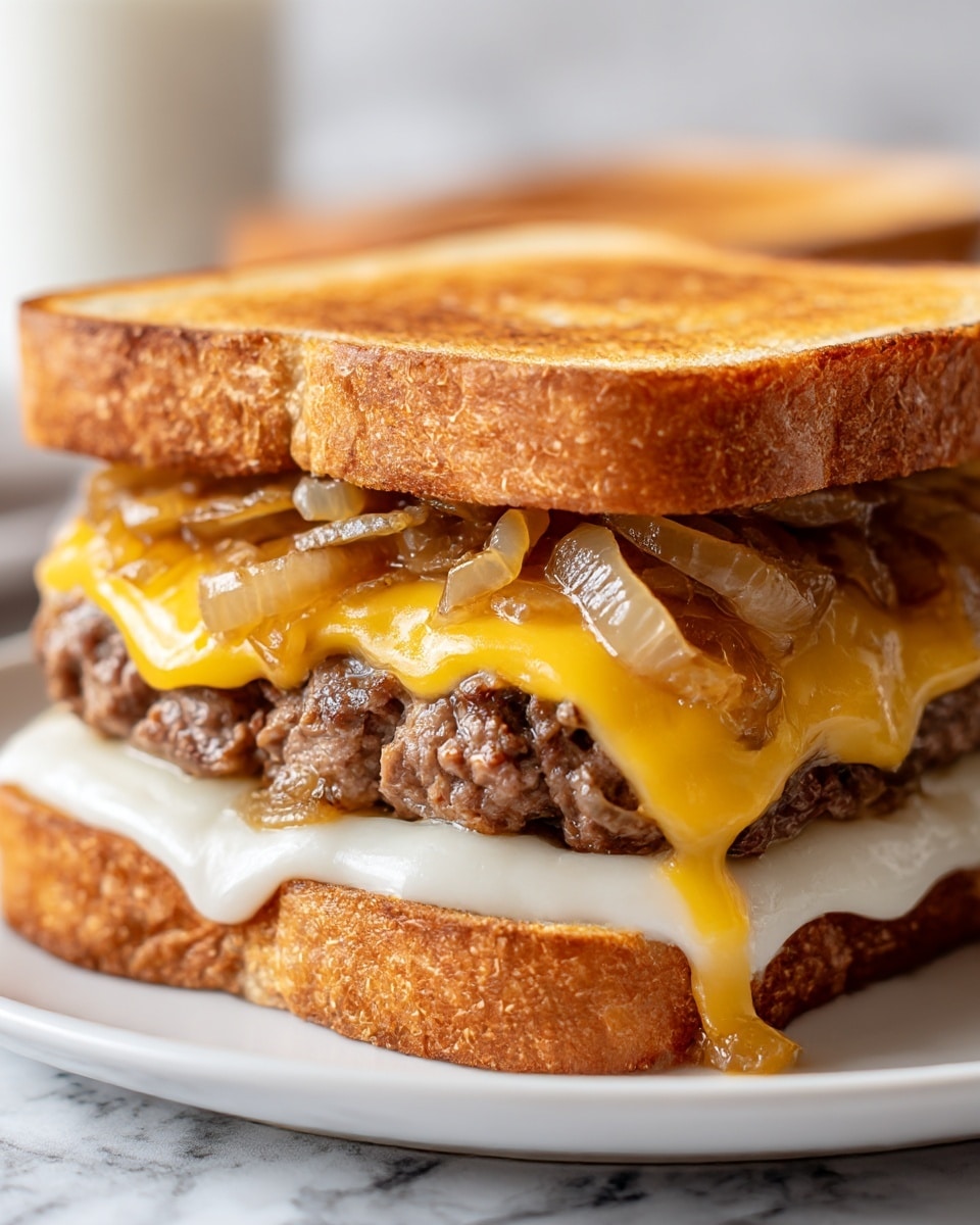 A sandwich cut in half and stacked, showing two layers of browned grilled bread with a slight crispy texture on the outside. Inside each layer, there is a thick brown beef patty with melted white cheese beneath it, topped with soft, cooked golden brown onions and creamy light orange sauce oozing out. The sandwich sits on a white plate placed on a white marbled surface. In the background, there is a clear jar filled with creamy light orange sauce with a spoon inside. Photo taken with an iphone --ar 4:5 --v 7
