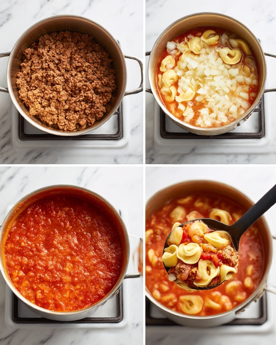 The image shows four steps of cooking tortellini soup in a silver pot on a stove with a white marbled surface visible below. The first step shows cooked brownish ground meat filling the pot. The second step has chunky white onion pieces mixed with red tomato sauce and spices, creating a reddish-orange layer at the bottom with some browning on the pot's side. The third step captures pale yellow tortellini being poured into a rich red tomato broth, forming a mix of soft pasta shapes on top. The final step shows the tortellini fully cooked and mixed with the tomato broth, onion, and meat, lifted slightly by a black ladle, showing a hearty soup with layers of light yellow pasta, red broth, and bits of meat and tomato. Photo taken with an iphone --ar 4:5 --v 7