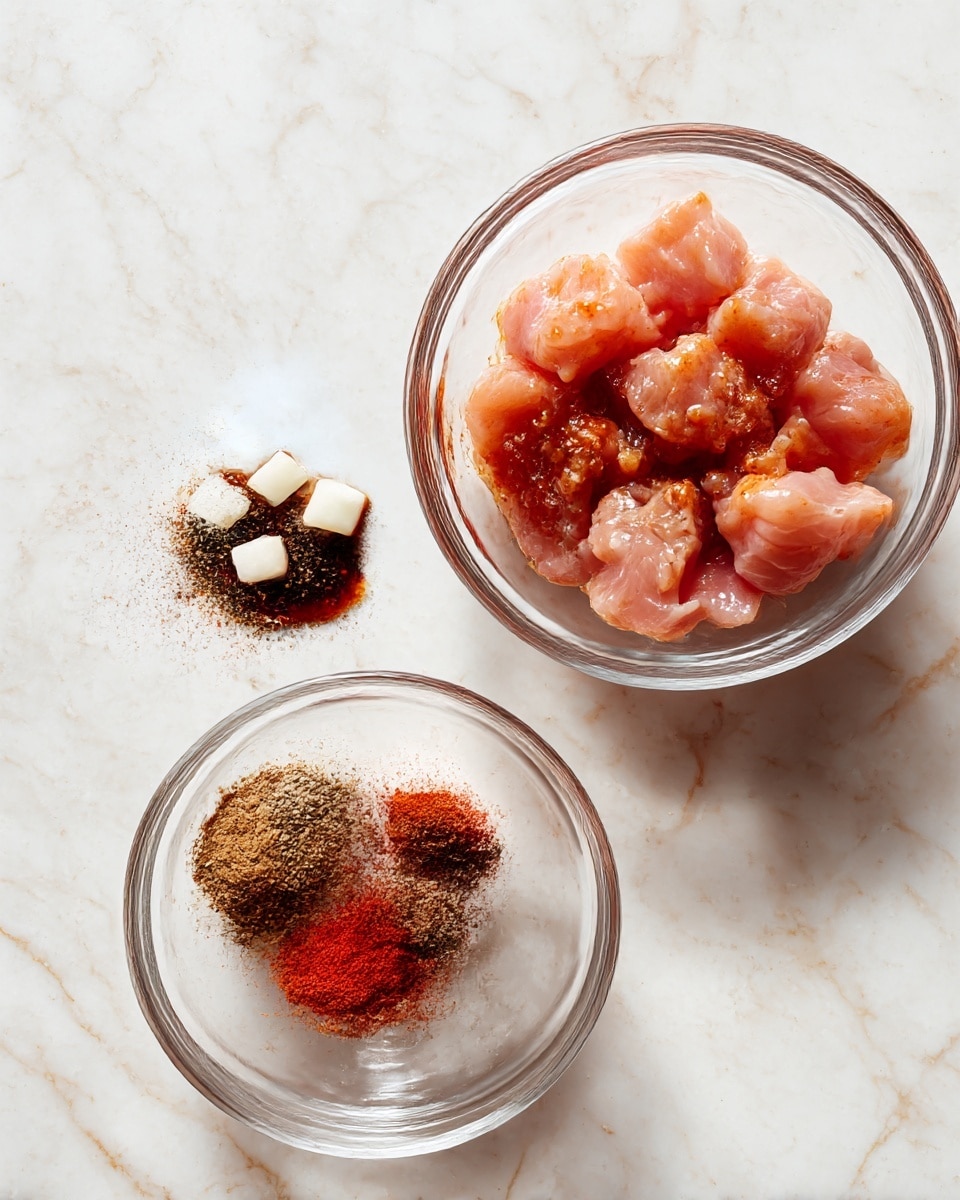 The image shows two clear glass bowls on a white marbled surface. The first bowl contains a mix of sauces and spices, with a dark reddish-brown sauce in the center, three small white pieces on top, a sprinkle of black pepper, a bright red powder, and a brown powder arranged on the surface. The second bowl is filled with light pink, raw pieces of chicken marinated and coated evenly with the reddish sauce. The chicken pieces are spread out across the bowl, with a slightly shiny texture from the sauce. photo taken with an iphone --ar 4:5 --v 7