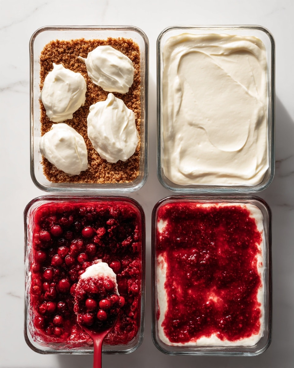 A square dessert on a white plate with three clear layers: the bottom layer is crumbly and light brown, looking like crushed nuts or cookies; the middle layer is thick, smooth, and white, like a creamy filling; the top layer is shiny and bright red, filled with visible whole and crushed raspberries in a jelly-like texture. There are loose crumbs scattered around the plate and fresh raspberries placed nearby on a white marbled surface. In the background, there is another white plate with a piece of the same dessert slightly out of focus. Photo taken with an iphone --ar 4:5 --v 7