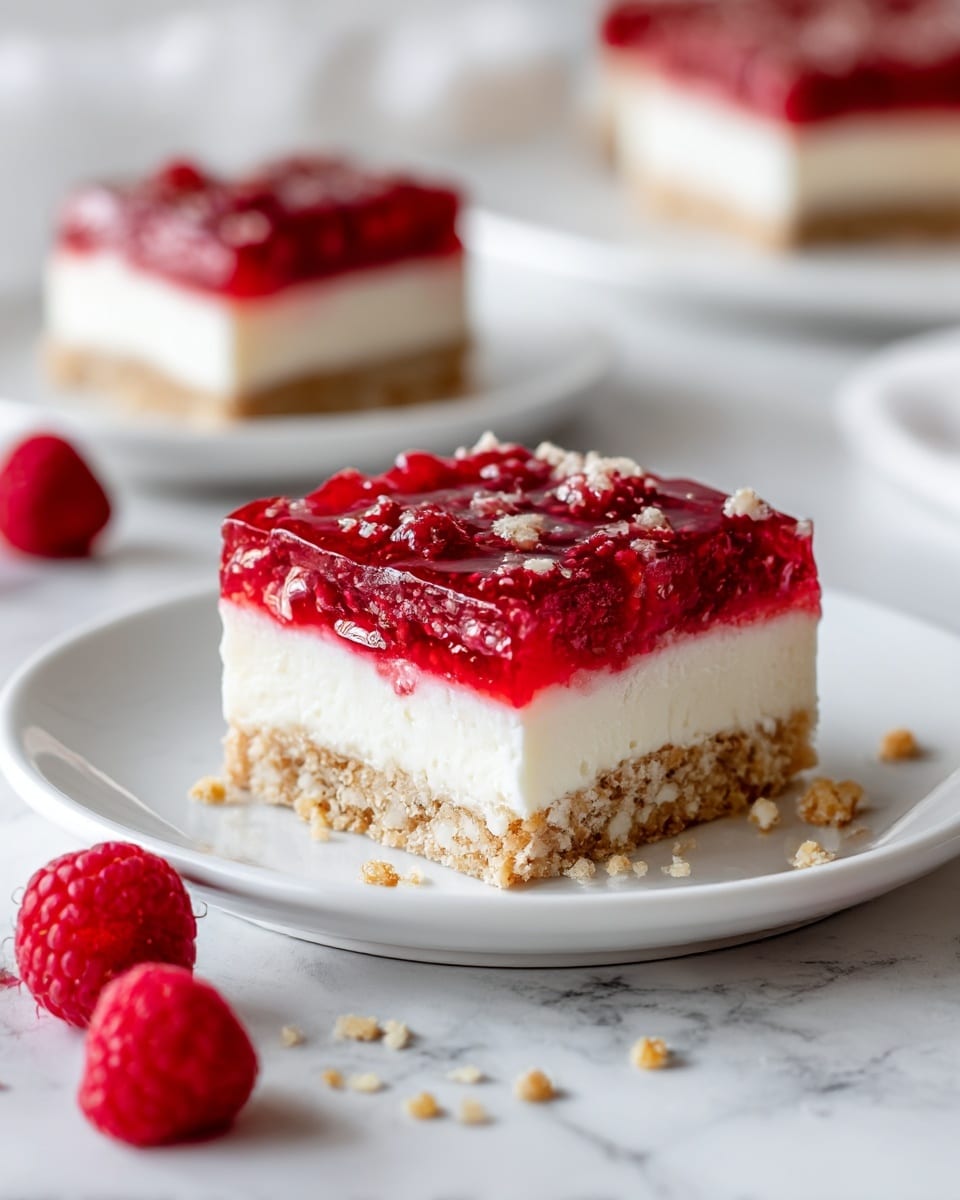 The image shows a rectangular glass dish with three distinct layers of dessert visible. The bottom layer is a crumbly light brown crust, rough in texture. Above this is a thick, smooth white layer that looks creamy. The top layer is a shiny, bright red fruit topping, slightly bumpy with visible small fruit pieces. A square slice has been removed, revealing all layers clearly. In the background, there is a white plate on a white marbled surface, holding the removed slice. A woman's hand is holding a white serving utensil near the dish. Photo taken with an iphone --ar 4:5 --v 7