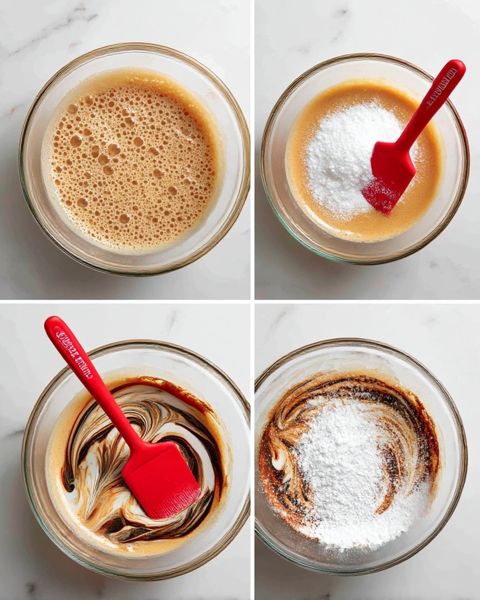 A clear glass bowl sits on a white marbled surface, filled with a frothy, light orange batter that has many bubbles on its surface. In the second image, the bowl contains the same orange batter, now topped with a mound of white powdered sugar in the center. The third image shows the batter mixed with dark brown streaks swirling through it, creating a marbled pattern, while a red spatula stirs the mixture. In the last image, the bowl’s contents have more white powdered sugar added on top of the swirled batter, partially covering the dark brown streaks as the red spatula rests on the side. photo taken with an iphone --ar 4:5 --v 7
