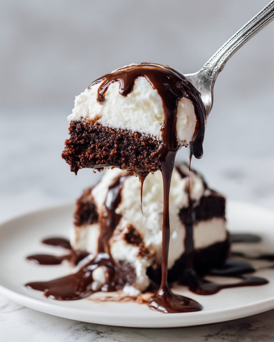 A small round chocolate dessert sits on a white plate with a white marbled surface underneath. The dessert has two layers: the base is a thick, rich, dark brown chocolate cake with a soft texture, and it is broken open in the front to show a thick, dark chocolate sauce flowing out. On top of the cake, there is a round scoop of white ice cream with smooth texture, drizzled with dark chocolate syrup that slightly drips down the sides. In the background, there is a glass jar with more chocolate sauce and a metal spoon beside it. Photo taken with an iphone --ar 4:5 --v 7