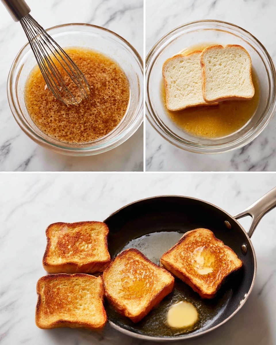 The image shows a step-by-step process of making French toast. The first layer is a clear glass dish filled with a brown speckled egg mixture with a whisk resting inside, placed on a white marbled surface. Next, two slices of white bread soak in the egg mixture inside the same dish, partly covered by the liquid. Below, three slices of soaked bread sit in a black frying pan with melted butter, showing the start of cooking. Finally, the bottom right image shows the same bread pieces browned and toasted evenly in the pan, placed closely together. photo taken with an iphone --ar 4:5 --v 7