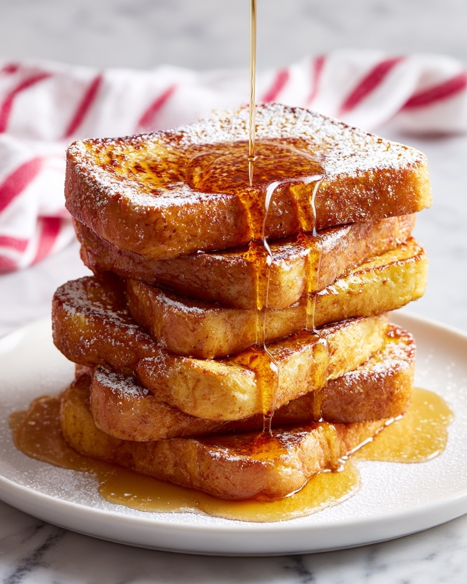 A stack of six thick slices of toasted bread with a golden brown, slightly crispy texture, lightly dusted with powdered sugar on top, sitting on a plain white plate. The bread layers are uneven but neatly piled, showing a soft, slightly dense interior. The background is a white marbled surface with two cinnamon sticks near the plate and a glass bottle with amber liquid blurred in the back. The light is soft, casting gentle shadows and highlighting the warm colors of the toast. photo taken with an iphone --ar 4:5 --v 7